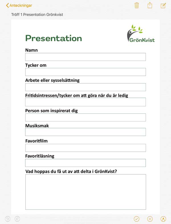14. Nu kan du fylla i dokumentet Presentation genom att ställa markören i det fält som du vill börja med att fylla i. 