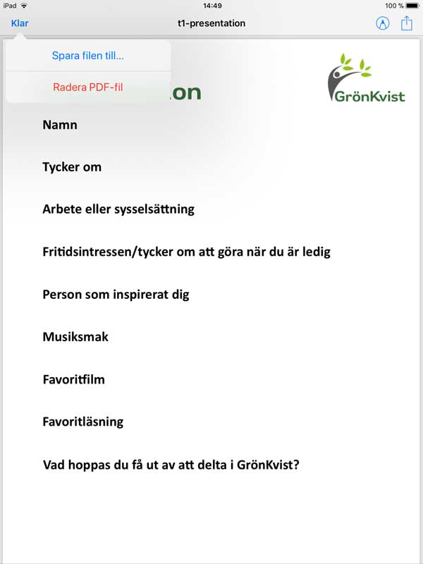 10. Du har redan sparat dokumentet i Anteckningar så nu ska du klicka på Radera PDF-fil för att stänga fönstret och återgå till webbläsaren.