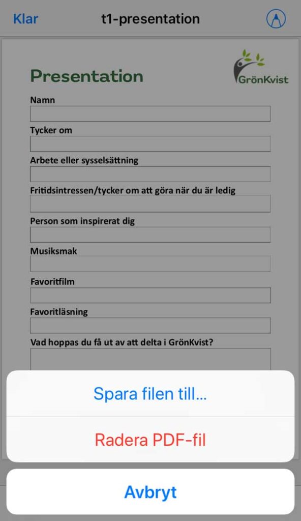 Du har redan sparat pdf-dokumentet i Anteckningar så i detta läge ska du klicka på Radera PDF-fil.