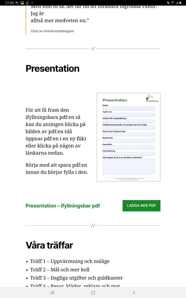 2. Gå till deltagarsidan för Träff 1 i GrönKvist och klicka på länken Presentation - ifyllningsbar pdf.
