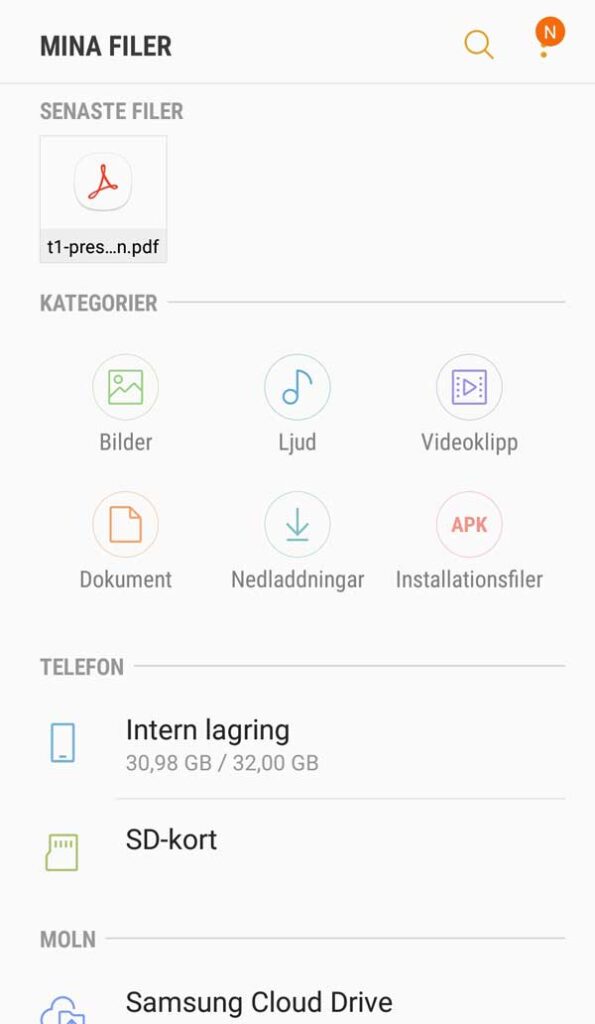 Du hittar filen under rubriken "Senaste filer" samt i Nedladdningar. Öppna den genom att klicka på ikonen för den - t1-presentation.pdf