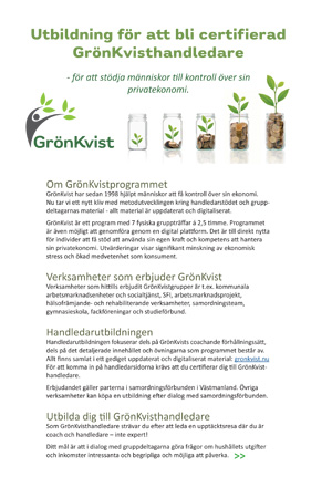 Inbjudan till utbildning för att bli certifierad GrönKvisthandledare - start 20-21 oktober 2022 - länk till pdf.
